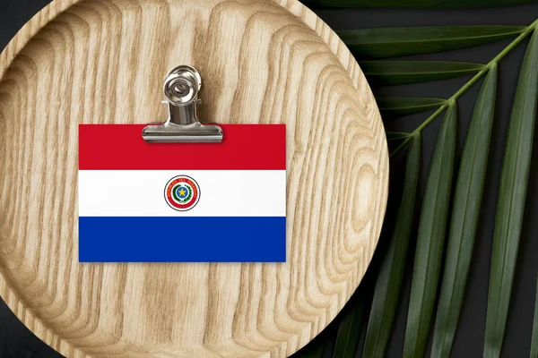 Bandera Paraguay Etiquetada Placa Madera Palma Tropical Deja Monstera Fondo — Foto de Stock