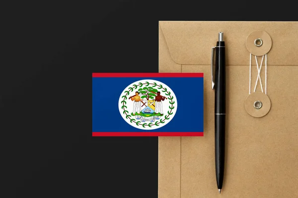 Belize Flaga Kopercie Czarny Długopis Tle Koncepcja Krajowego Zaproszenia Zaproszenie — Zdjęcie stockowe