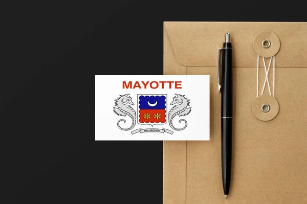 Bandera Mayotte Carta Sobre Artesanal Fondo Pluma Negra Concepto Invitación — Foto de Stock