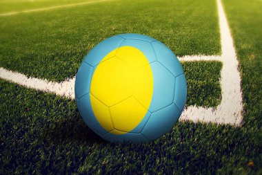 Palau bayrağı köşe vuruşu pozisyonunda, futbol sahasında. Ulusal futbol teması yeşil çimlerde.