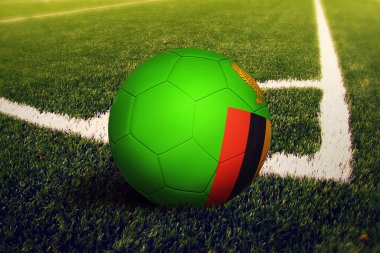 Köşedeki sahada Zambiya bayrağı var. Ulusal futbol teması yeşil çimlerde.