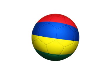 Mauritius topu köşeye sıkıştırdı, futbol sahasının arka planında. Ulusal futbol teması yeşil çimlerde.