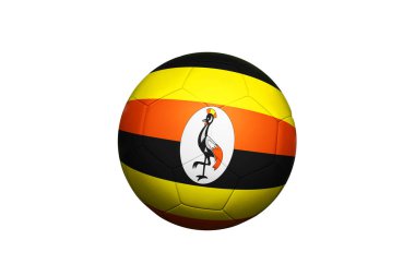Uganda bayrağı köşe vuruşunda, futbol sahasında. Ulusal futbol teması yeşil çimlerde.