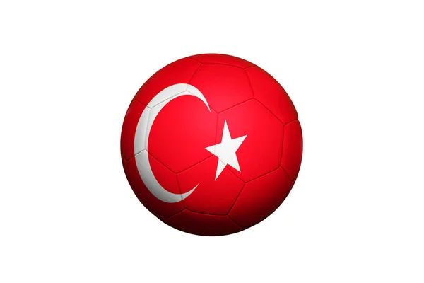 Turkey flag on ball at corner kick position, soccer field background. National football theme on green grass.