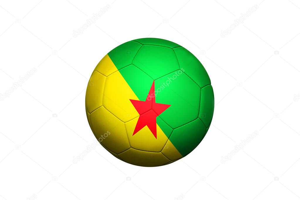 French Guiana flag on ball at corner kick position, soccer field background. National football theme on green grass.