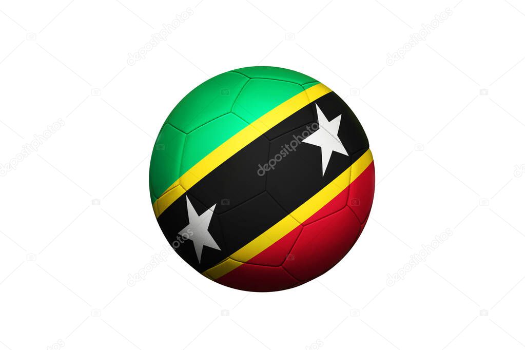 Saint Kitts And Nevis flag on ball at corner kick position, soccer field background. National football theme on green grass.