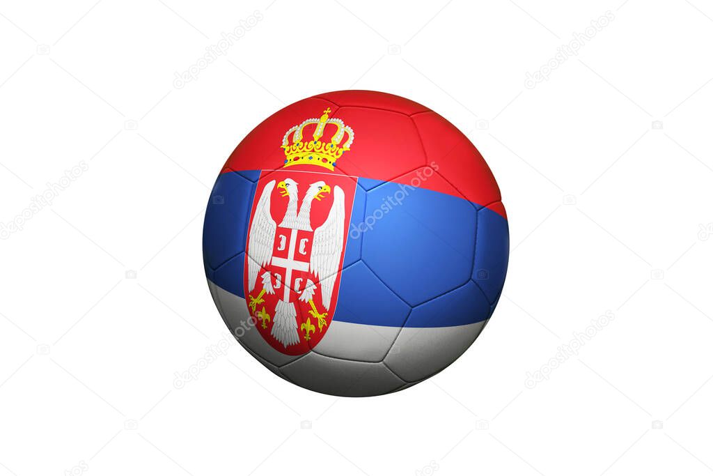 Serbia flag on ball at corner kick position, soccer field background. National football theme on green grass.