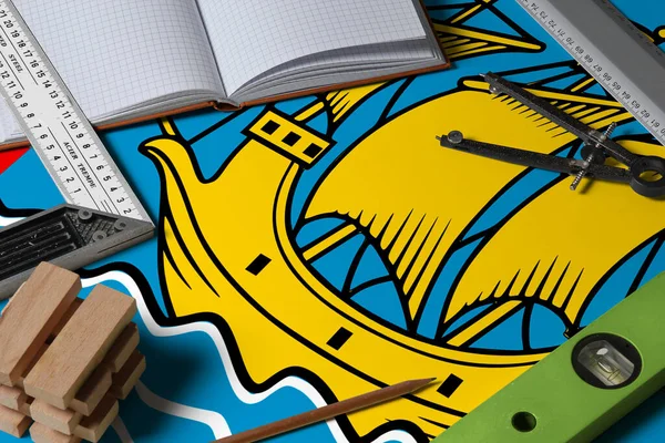 San Pedro Miquelón Bandera Nacional Sobre Concepto Profesión Con Escritorio — Foto de Stock