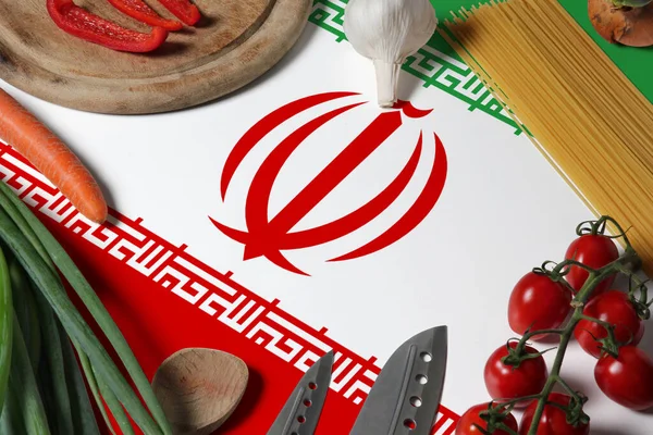 Drapeau Iran Sur Légumes Frais Couteau Concept Table Bois Concept — Photo