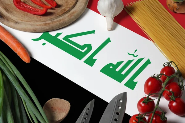 Iraq Flag Fresh Vegetables Knife Concept Wooden Table Cooking Concept — Stock Photo, Image