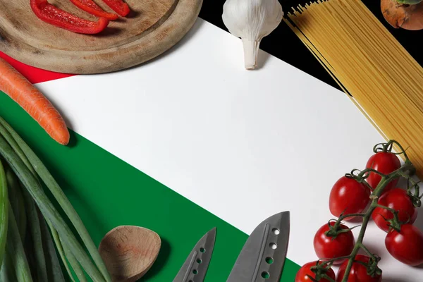 Palestine Flag Fresh Vegetables Knife Concept Wooden Table Cooking Concept — Stock Photo, Image