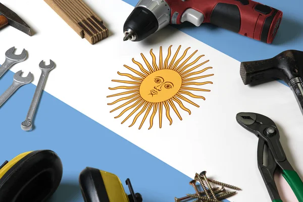 Argentinië Vlag Reparatie Tool Concept Houten Tafel Achtergrond Mechanische Dienst — Stockfoto