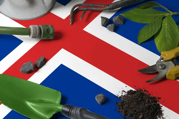 Bandera Islandia Con Herramientas Jardinería Fondo Mesa Primavera Concepto Jardín — Foto de Stock