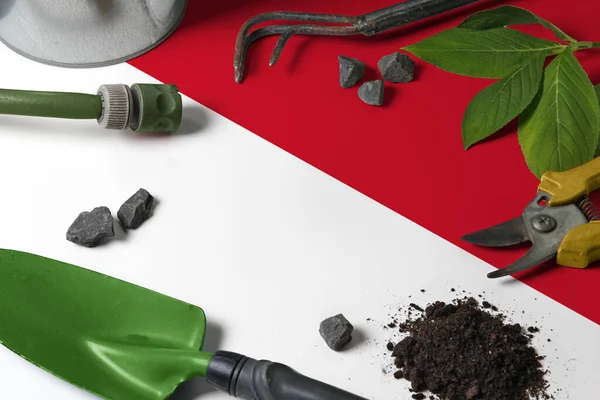 Indonesia flag with gardening tools background on table. Spring in the garden concept with free copy space.