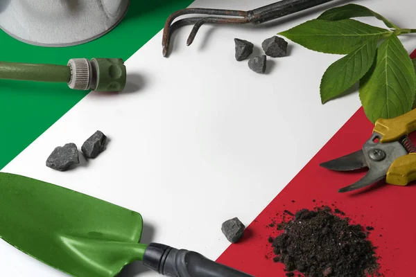 Bandera Italia Con Herramientas Jardinería Fondo Mesa Primavera Concepto Jardín — Foto de Stock
