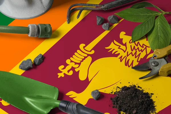 Bandera Sri Lanka Con Herramientas Jardinería Fondo Mesa Primavera Concepto — Foto de Stock