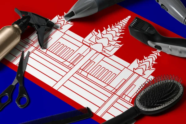 Bandera Camboya Con Herramientas Corte Cabello Peines Tijeras Herramientas Peluquería — Foto de Stock