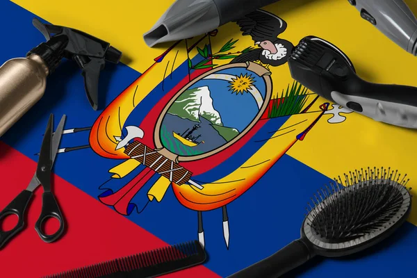 Ecuador flag with hair cutting tools. Combs, scissors and hairdressing tools in a beauty salon desktop on a national wooden background.