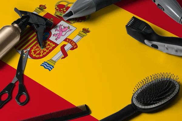 Bandera España Con Herramientas Corte Pelo Peines Tijeras Herramientas Peluquería — Foto de Stock