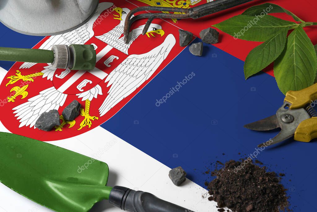 Serbia flag with gardening tools background on table. Spring in the garden concept with free copy space.