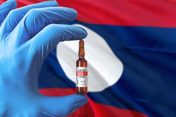 Laos Flag Coronavirus Covid Concept Doctor Blue Protection Medical Gloves — Stock Photo, Image