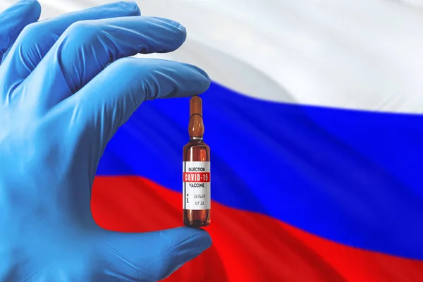 Bandera Rusia Con Concepto Coronavirus Covid Médico Con Guantes Médicos — Foto de Stock