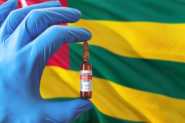 Togo Flag Coronavirus Covid Concept Doctor Blue Protection Medical Gloves — Stock Photo, Image