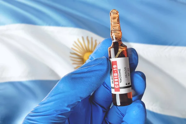 Bandera Argentina Con Concepto Coronavirus Covid Médico Con Guantes Médicos — Foto de Stock