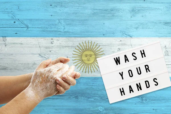 Argentína Zászló Háttér Felületen Minimális Kézmosás Tábla Minimális Nemzetközi Higiéniai — Stock Fotó