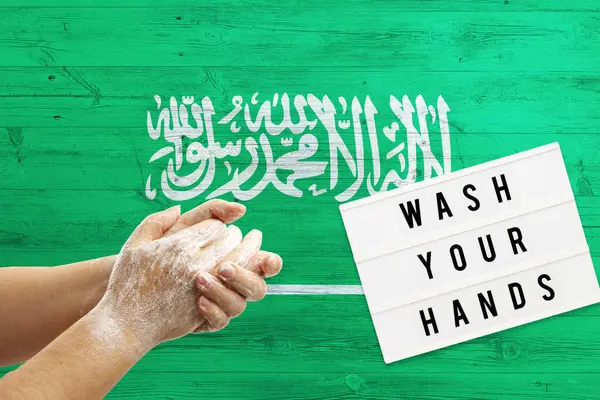Arabia Saudită Steag Fundal Suprafața Lemn Spălați Mâinile Concept Minim — Fotografie, imagine de stoc