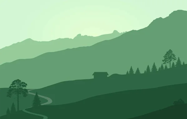 Paisagem de montanhas com rochas e árvores coníferas. plano paisagem de fundo — Vetor de Stock