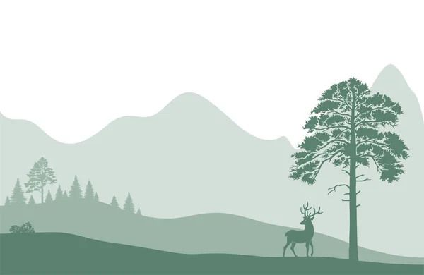 Paisagem de montanhas com floresta e veados. plano paisagem de fundo — Vetor de Stock