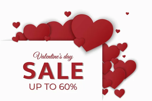 Valentine 's day sale discount banner. tarjeta de promoción de San Valentín con corazones de papel rojo sobre fondo blanco — Vector de stock
