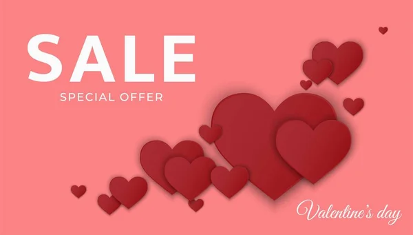 Valentines venta banner de descuento. tarjeta de promoción con corazones de papel rojo sobre fondo rosa — Vector de stock