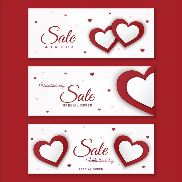 Día de San Valentín venta banner conjunto. promoción valentines diseño corazones blancos — Vector de stock
