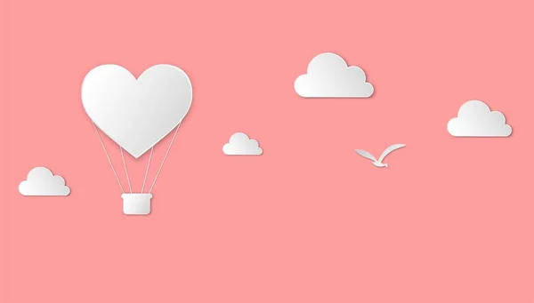 Papír vágott szív hőlégballon, felhők és a madár rózsaszín alapon. Valentin nap és szerelem téma — Stock Vector