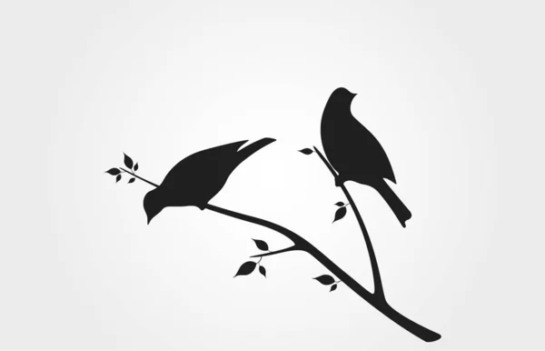 Birds on branch with leaves black silhouette. spring nature design element — Stok Vektör