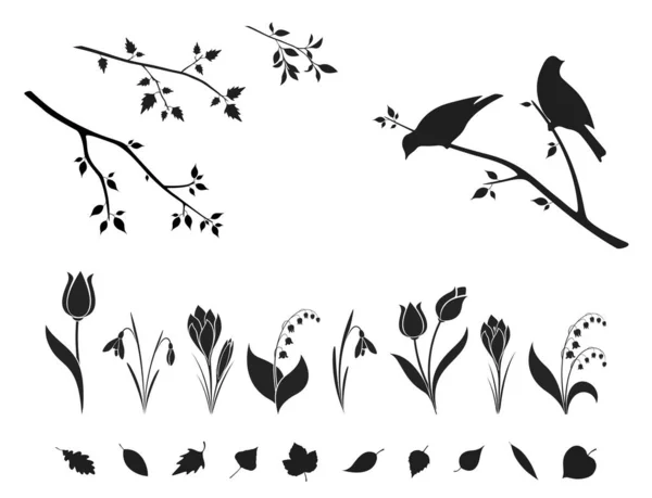 Primavera natureza design elemento definido. flores, folhas de árvores e pássaros no ramo — Vetor de Stock