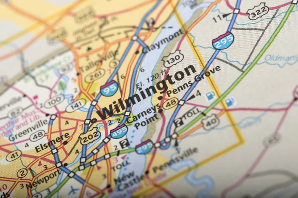 Closeup of Wilmington, Delaware on a map of the United States.
