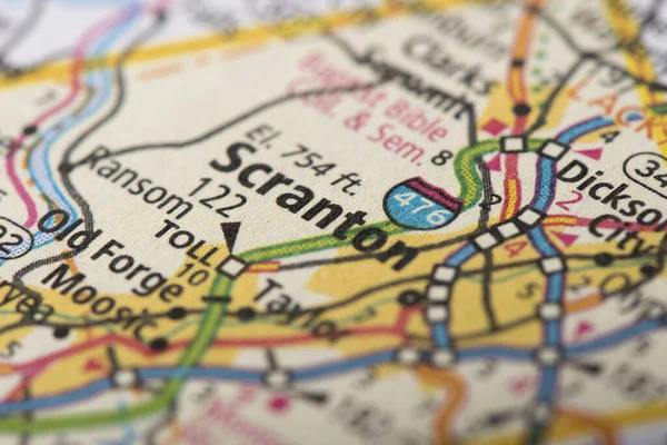 Closeup of Scranton, Pennsylvania on a map of the United States.