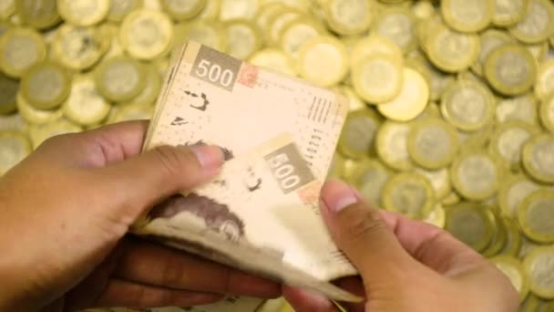 Manos Contando Dinero Mexicano Haciendo Prosperidad — Vídeos de Stock