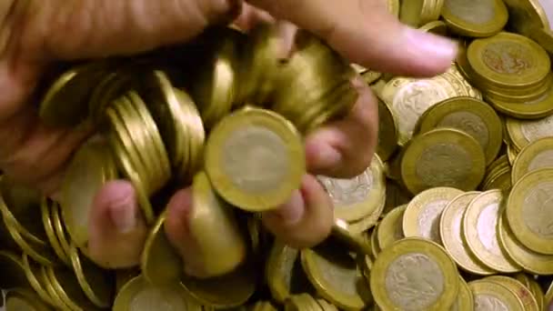 Pair Hands Having Fun Pile Mexican Coins — Stock Video