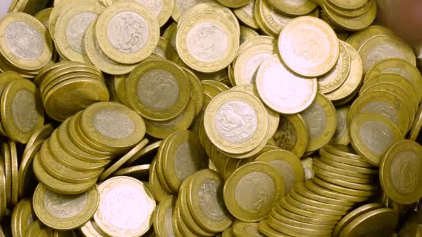 富を追加するコインの山により多くのお金を置く手 — ストック動画