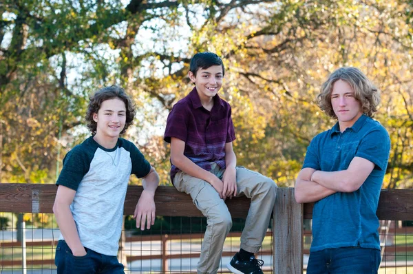Tres chicos guapos posando al aire libre Imagen de archivo