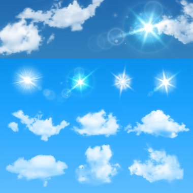 Gökyüzü yaratıcısı. Gerçekçi bulutlar ve güneş ayarlayın. Vektör çizim Eps 10