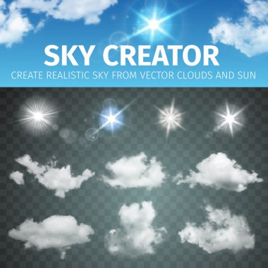 Gökyüzü yaratıcısı. Gerçekçi bulutlar ve güneş ayarlayın. Vektör çizim Eps 10