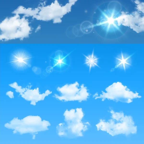 Criador do céu. Defina nuvens realistas e sol. Ilustração vetorial EPS 10 — Vetor de Stock