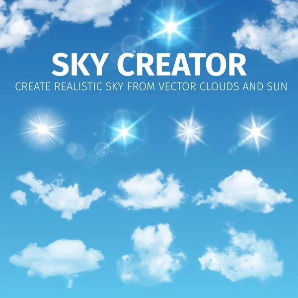 Creador del cielo. Establecer nubes realistas y sol. Ilustración vectorial EPS 10 — Vector de stock