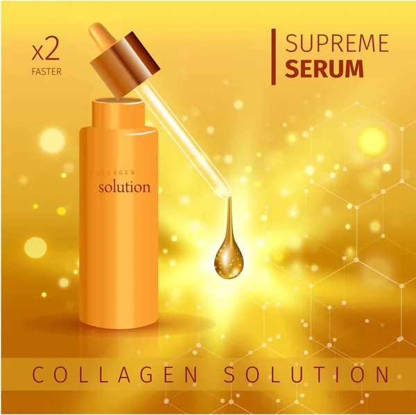 Cartaz de tubo cosmético realista dourado com creme de solução de colágeno ou essência na ilustração vetorial de fundo — Vetor de Stock