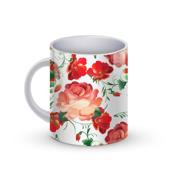 Plantilla taza de café ilustración con flor patrón tradicional ruso. Vector — Vector de stock